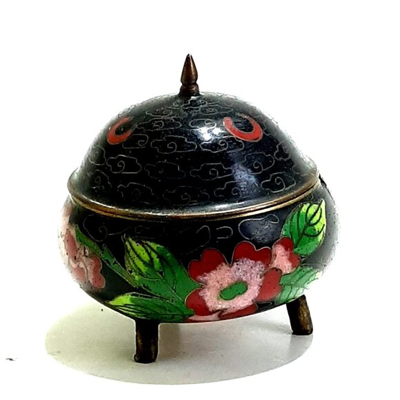 Chinese Vintage Cloisonne Opium Snuff Tea Ring Footed Box Rose Lotus - Picture 4 of 7